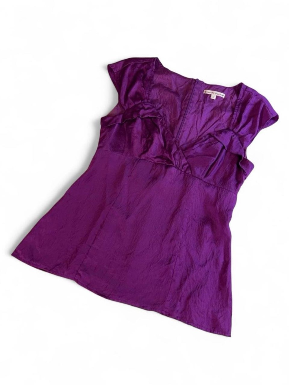 Vintage Y2K Nanette Lepore Purple Ruched Milkmaid Silk Blouse Fitted Size 6